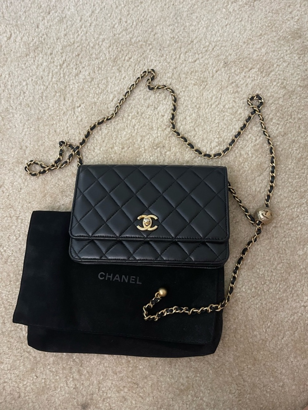 Chanel Pearl Crush Black Quilted Leather Chain Wallet - Classic CC Logo